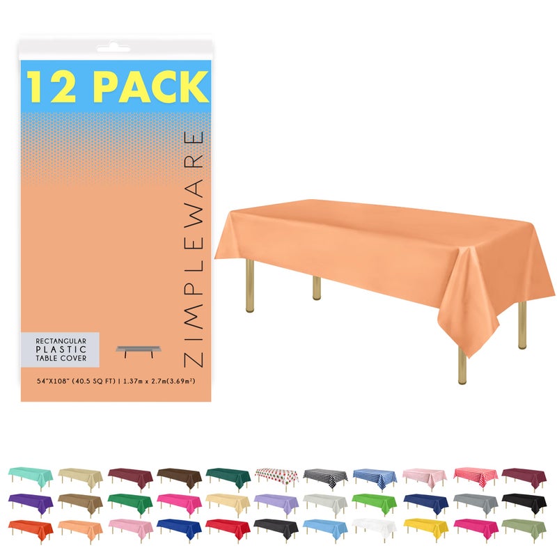 ZIMPLEWARE Premium Peach Plastic Table Cloth Disposable (12 Pk) Plastic Tablecloths for Rectangle Tables (54in x 108in) Party Table Cloths Disposable for 6ft to 8ft Rectangle Tables - Image 1